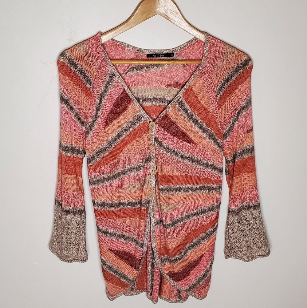 Slouchy Stripes Peach Pink and Tan Radial Natural Style Cardigan - Picture 3 of 12